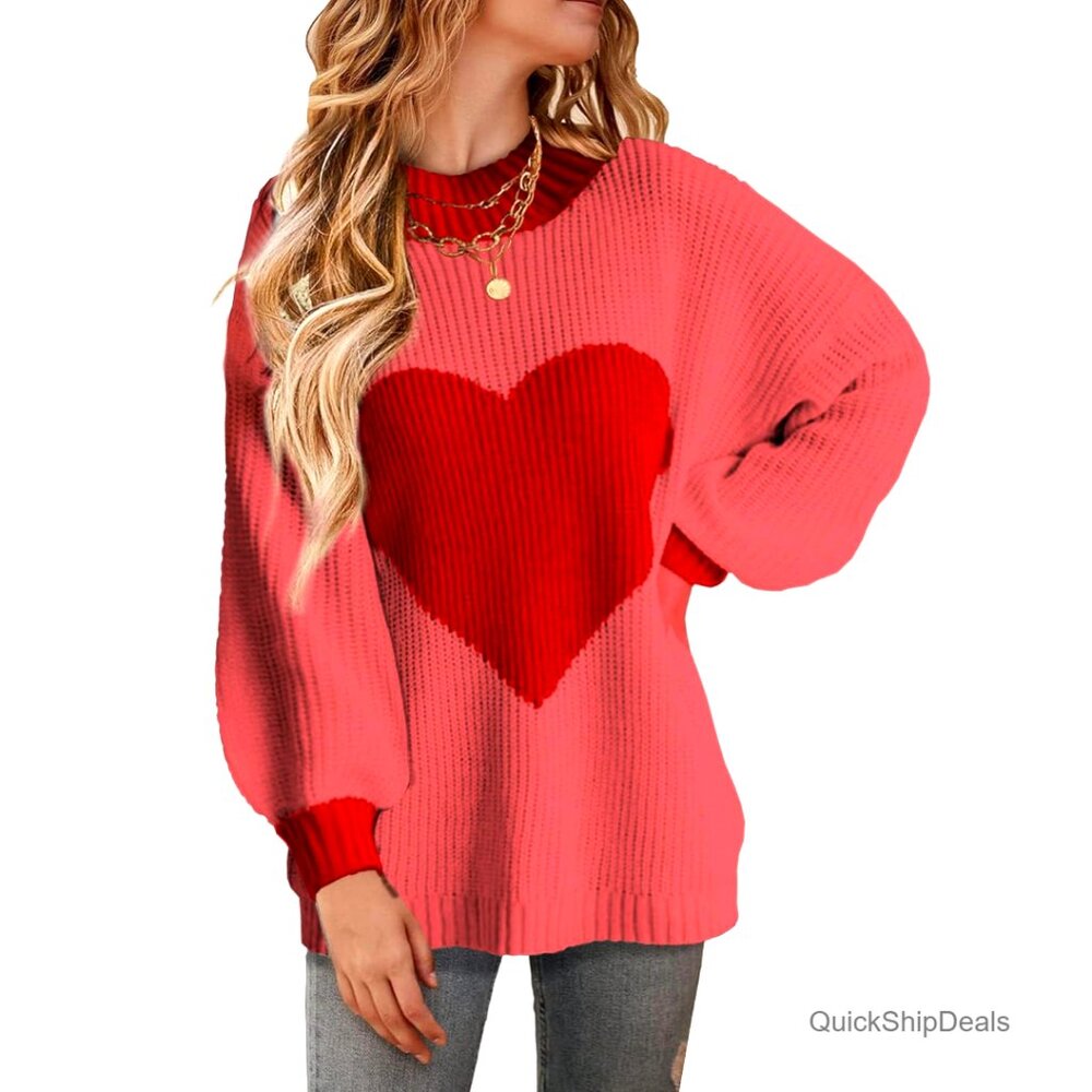 Oversized Valentine Heart Pullover Sweater Women's Boyfriend Style Crewneck